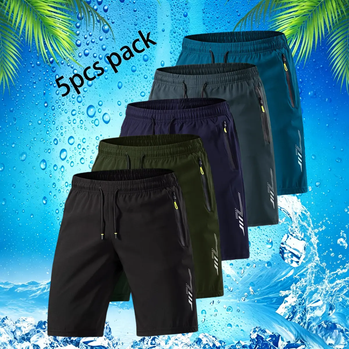 Men's black geometric pattern breathable sports shorts 5-piece set, summer lightweight ice silk cool quick-dry gym shorts, stylish training shorts, modern sportswear, breathable fabric, sports shorts, suitable for fitness enthusiasts