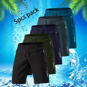 Men's black geometric pattern breathable sports shorts 5-piece set, summer lightweight ice silk cool quick-dry gym shorts, stylish training shorts, modern sportswear, breathable fabric, sports shorts, suitable for fitness enthusiasts