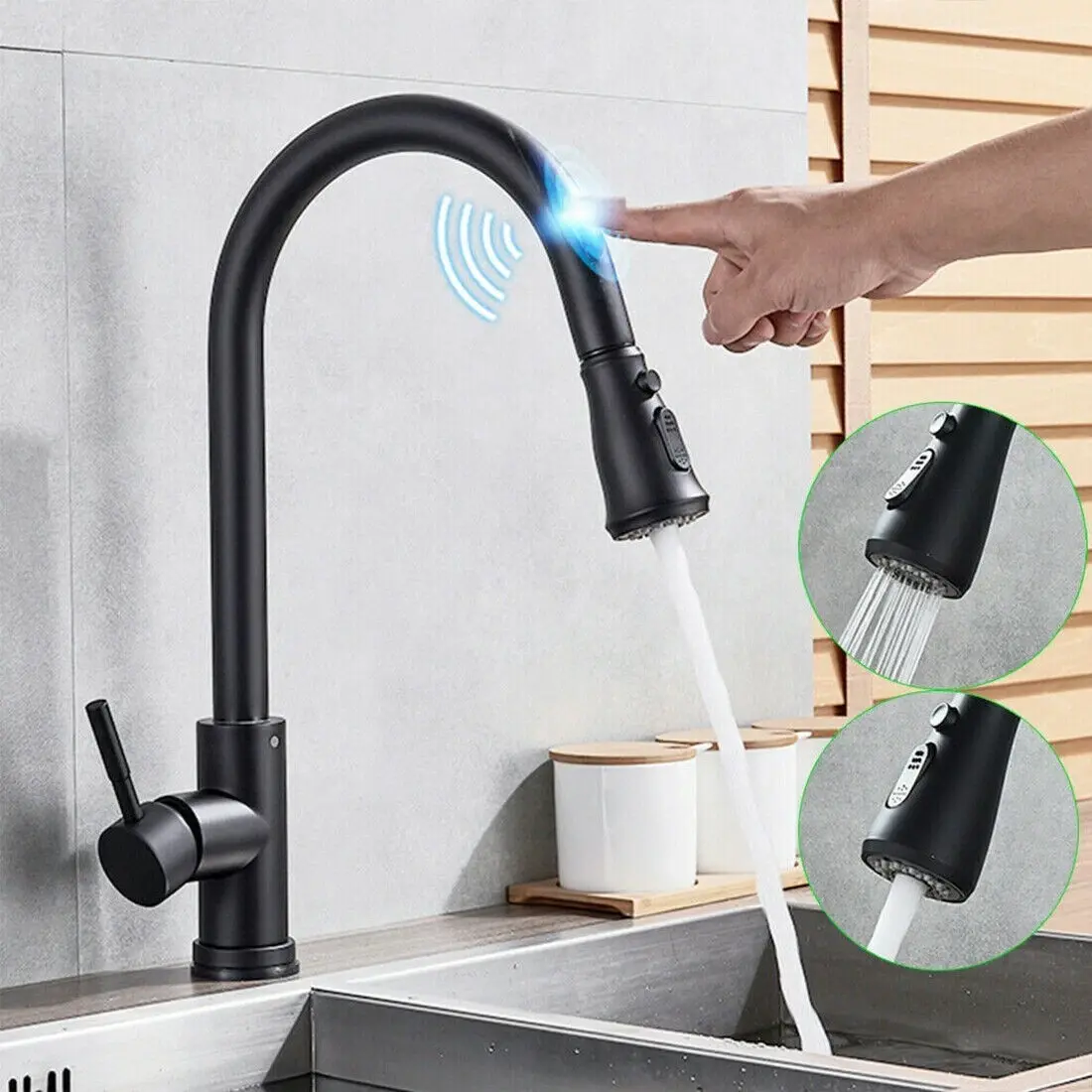 Touch Activated Kitchen Faucets Pull Down Sprayer, Matte Black | High Arc Kitchen Sink Faucet , Single Hole, Single Handle, Fit for RV Bar Farmhouse Laundry