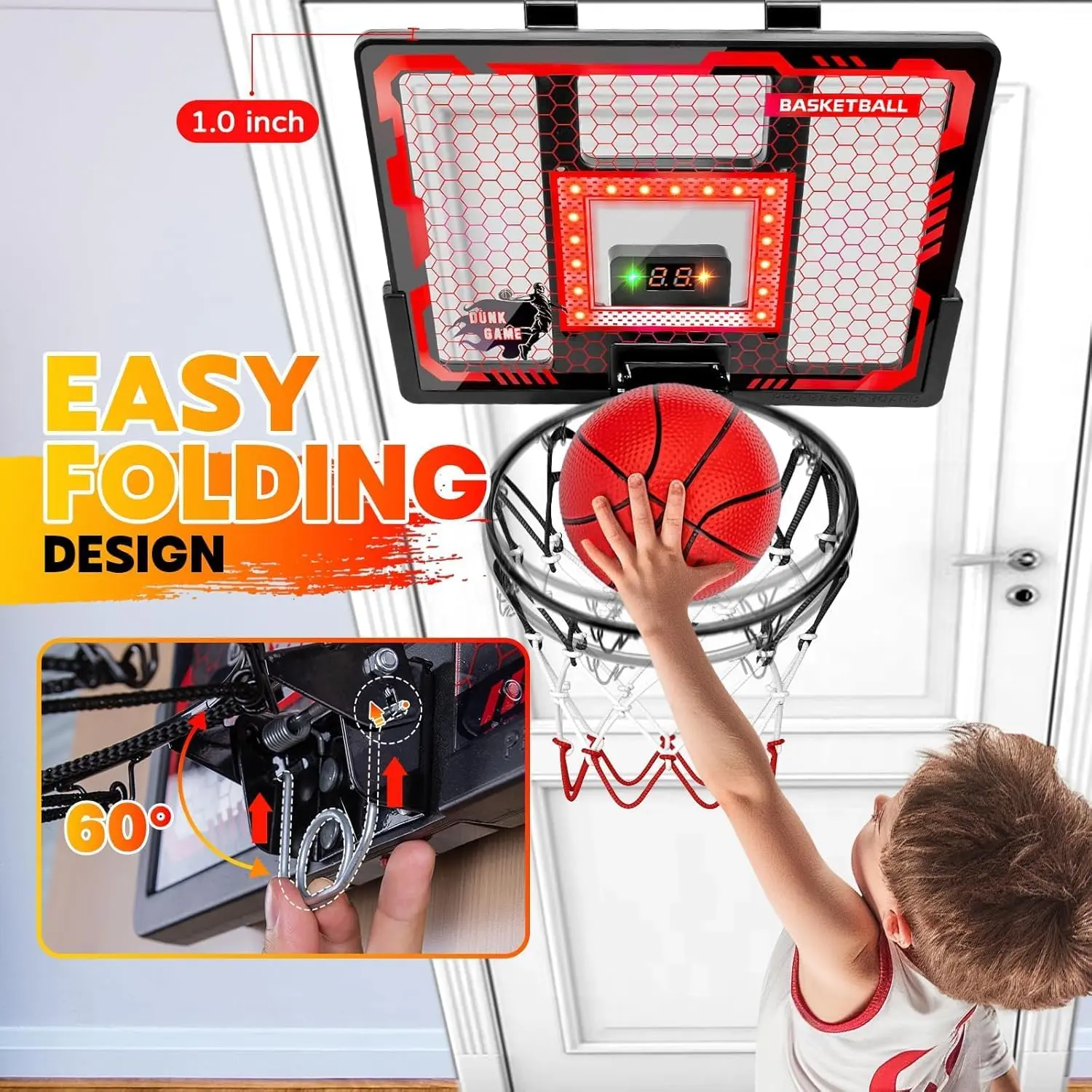 Foldable over-the-door basketball hoop in use
