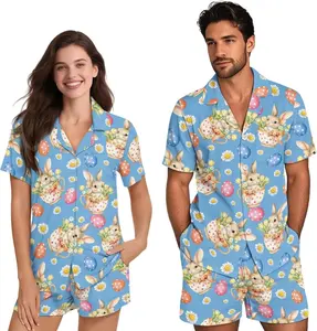 Easter Bunny Print Short Sleeve Pajama Set, Cute Spring Loungewear