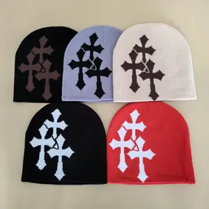Y2K Cross Pattern Knitted Beanie Hat Unisex Soft Elastic Warm Winter Hat Hip Hop Street Style Outdoor Cold Weather Cap