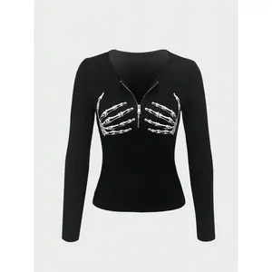 Women's Halloween Skull Print Zipper Long Sleeve Top, Casual Fitted Kint Fabric, All Seasons Moderate Thickening, Ladies Fashion ClothingGift