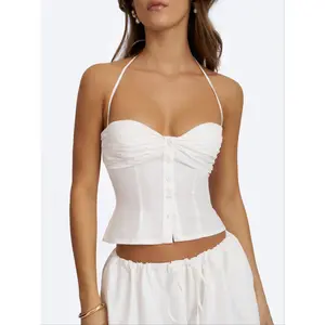 Waverly White Cotton Poplin Button-Front Sweetheart Halter Top