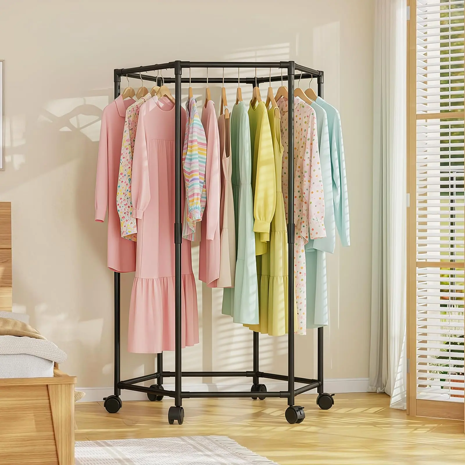 47" Rolling Clothes Rack with Wheels, 360° Rotating Garment Rack, Space Saving Clothes Organizer, Portable Hanging Storage Rack for Bedroom, Laundry Room & Small Apartments