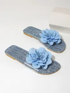 Summer Leopard Print Blue Flower Flat Sandals, Open Toe Slip-Ons, Beach Vacation Style, Casual Everyday Shoes, Comfortable and Stylish