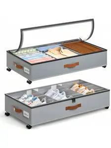 Under Bed Storage With Wheels, 2 Pack Containers With Clear Lids, Rolling Metal Drawer Organizer Bins With Oxford Cloth Cart Dustproof Folding Storage Box For Clothes Shoes