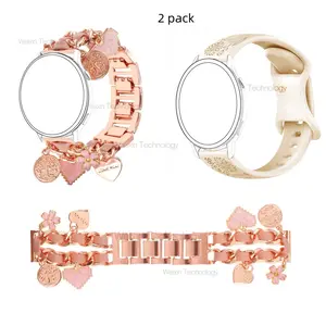 Fashion metal strap compatible with Garmin Venu 4/Vivoactive 3/Venu 2/Venu 4 45mm sunflower print waterproof replacement strap, suitable for 265/255 women's silicone strap Cuban chain heart pendant strap Women's bracelet strap 2 packs