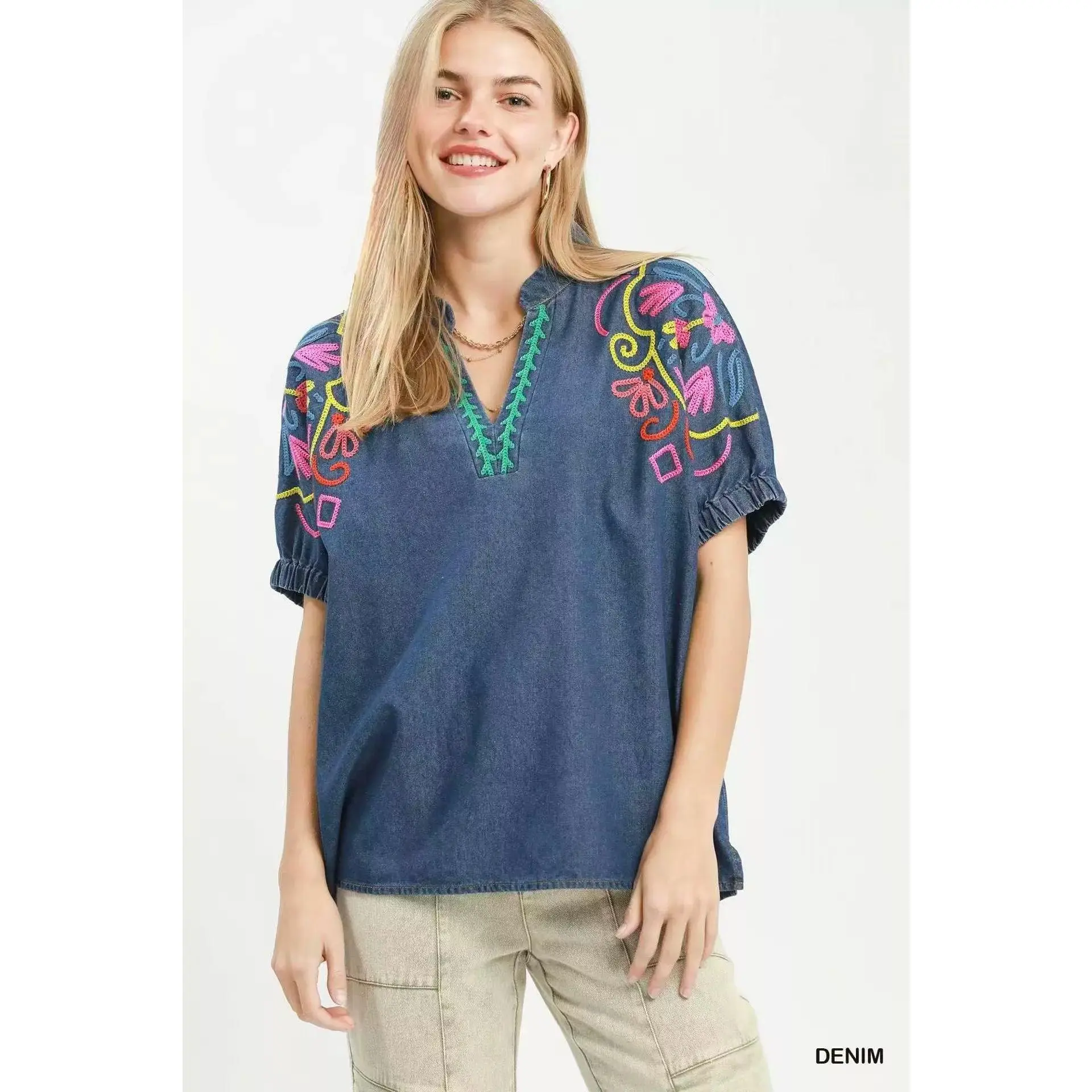 Umgee Embroidered Denim Puff Sleeve Top