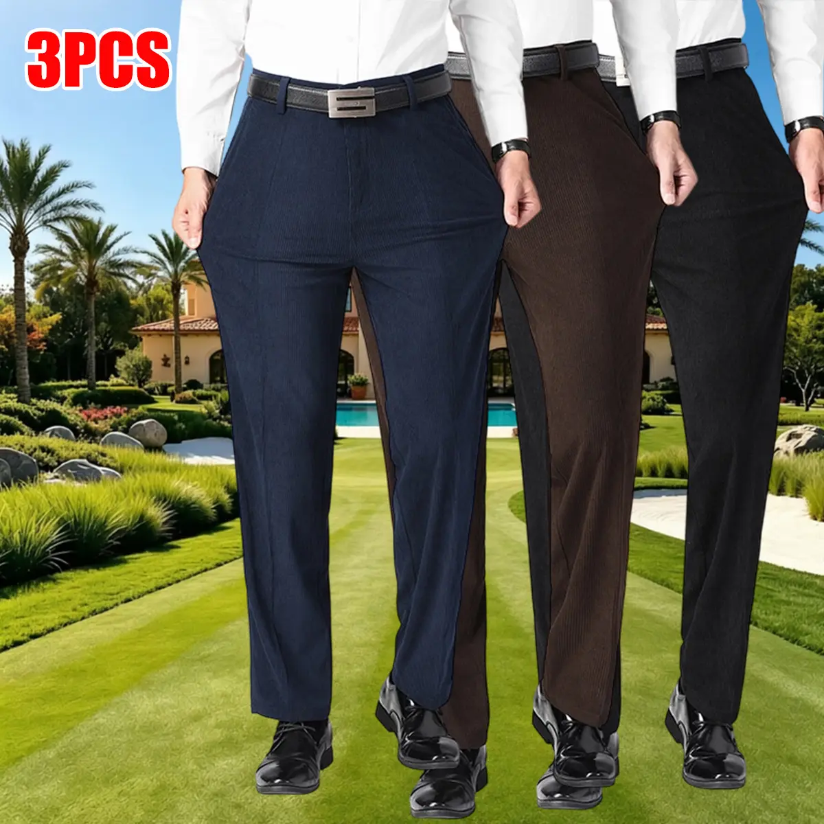 Men's 3-Piece High-Waisted Straight-Leg Polyester Dress Pants Set, Belt-Free Business Casual Trousers with Button-Zipper Design, High-Stretch Wrinkle-Resistant Classic Solid-Color Machine-Washable Professional Apparel for All Seasons