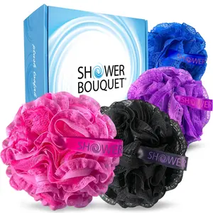 Shower Bouquet Hot-Lacey Large Loofah Bath Sponge, 4 Sexy Lace-Mesh Colors, 60g Premium Set, Soft Loofa Exfoliation with Pouf Puff Scrubbers in Light Loufa, Lofa Bathing Accessories
