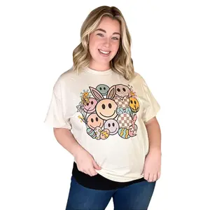 Tees2urDoor Smiley Easter Bunny Graphic T-Shirt - 100% Premium Cotton, Durable Seamless, Joyful Fit, Easter Wardrobe Essential, Women's Top