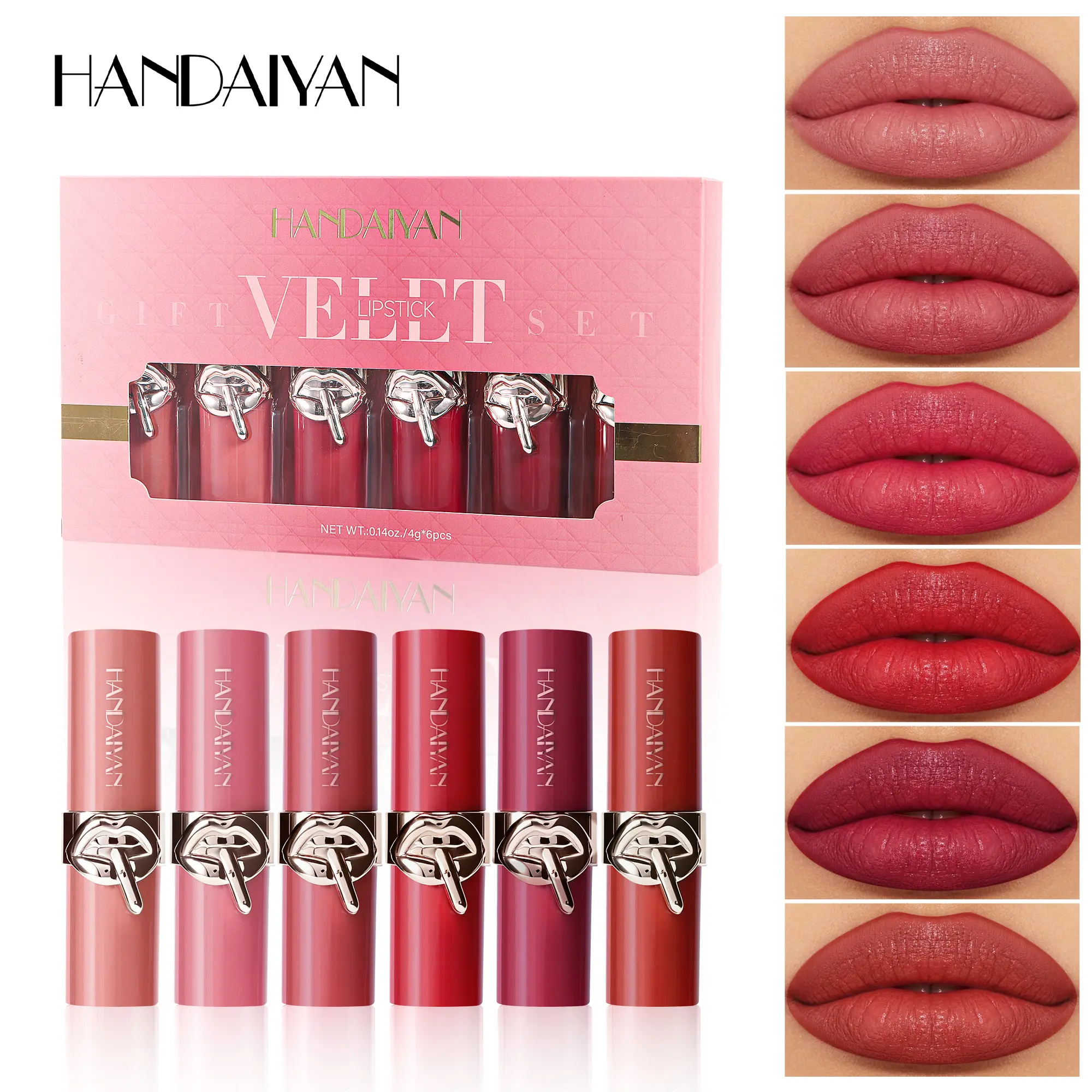 HANDAIYAN Velvet 6-Piece Lipstick & Lip Gloss Cosmetic Set - Creamy, Long-Lasting Vibrant Shades for Bold & Natural Makeup Looks