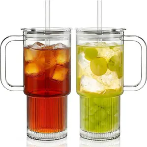 2-Pack 26oz Ribbed Glass Tumblers with Handle and Lid – Large Aesthetic Iced Coffee Cups with Straws, Modern Textured Glass Mugs for Smoothies, Tea, Juice & Cold Beverages, Dishwasher Safe
