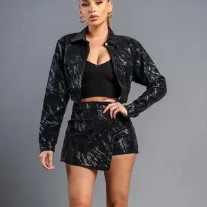 CHIC MARBLE PLEATHER CROPPED JACKET & SKORT SETS