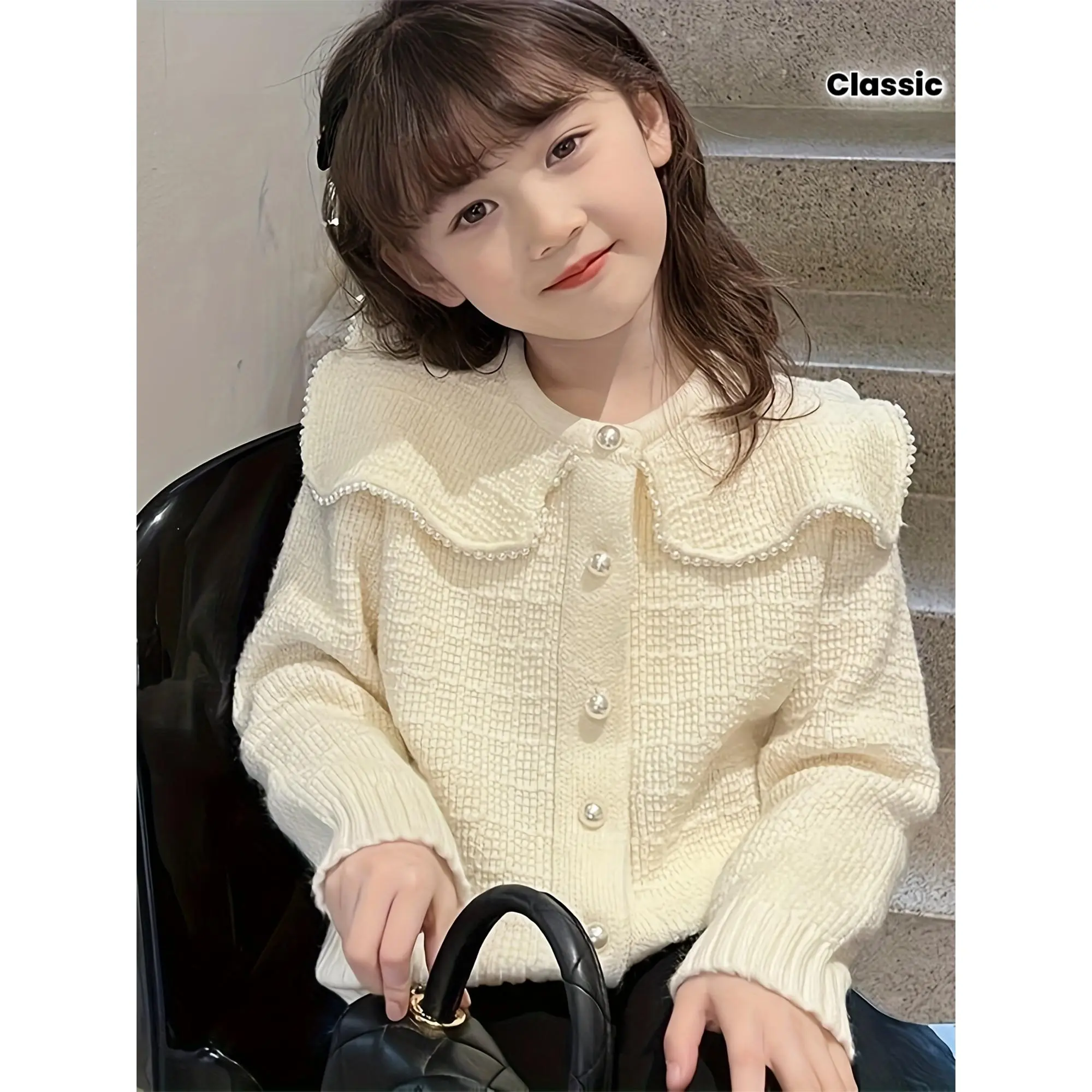 Girls' Polyester-Elastane Crew Neck Knit Cardigan, Spring-Autumn Classic Elegant Plain Kids' Top, Machine Washable Fashion Outerwear, Regular, Long Sleeve, Solid