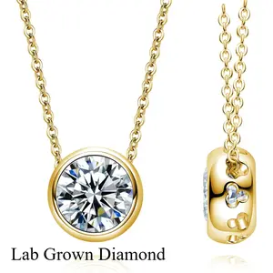 14K Gold Plated Lab-Grown Diamond Bezel Necklace, Minimalist Round Solitaire Pendant, Dainty Everyday Jewelry Gold Plated Crystal Heart Necklace