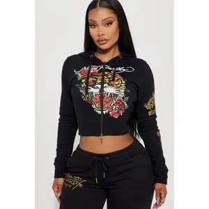 Ed Hardy Retro Tiger Zip Front Hoodie - Black C