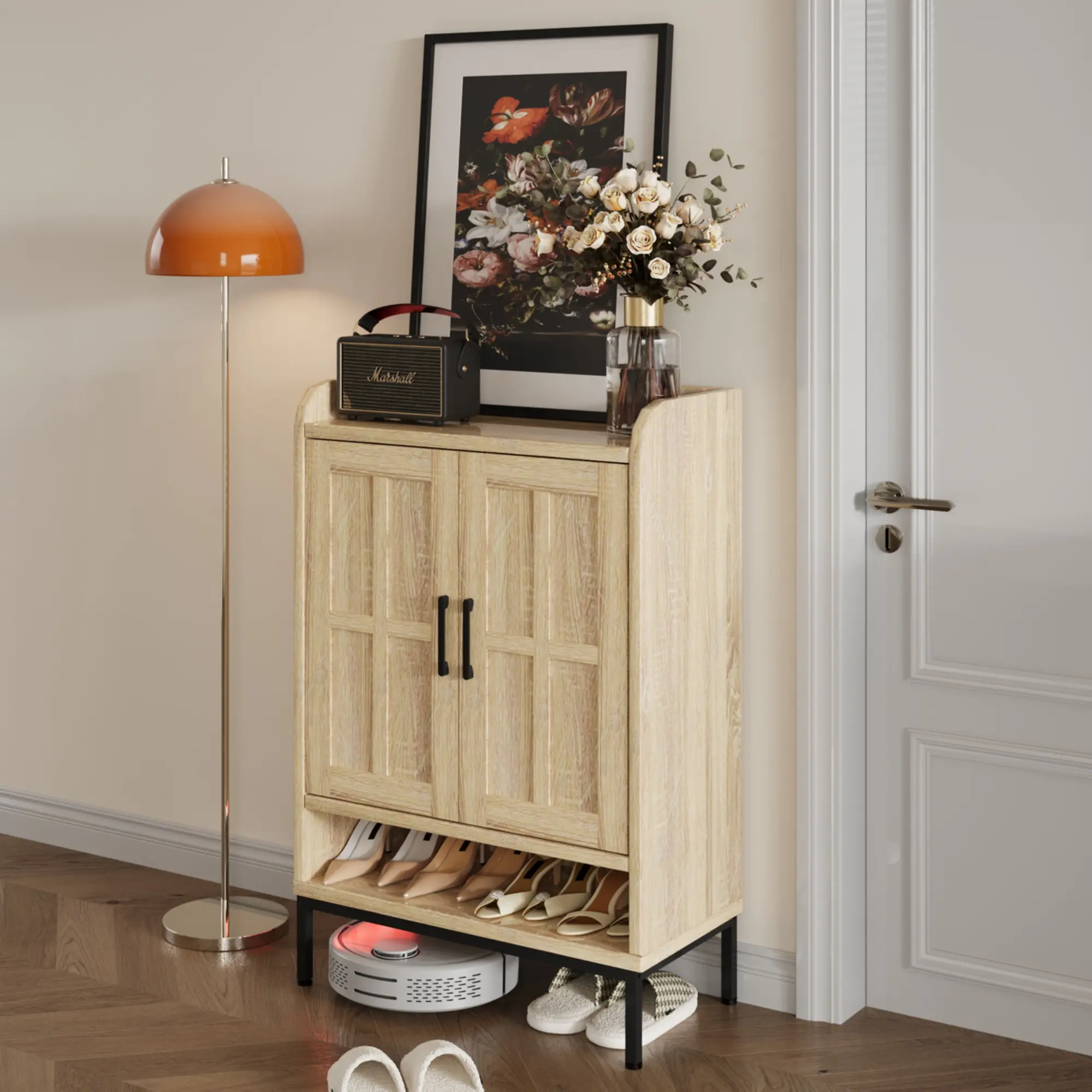 Shoe Cabinet With Doors,Modern Farmhouse 5-Tier Shoe Storage Cabinet With Adjustable Shelves,Suitable for Bedroom, Corridor and living room display cabinet, unique design, easy to assemble, add modern atmosphere to your living room or corridor