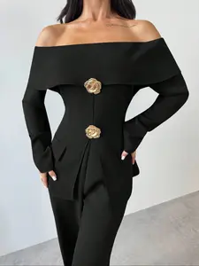 Elegant Women's Off-Shoulder Top, Slimming One Shoulder Ruffle Hem, Flower Decor, Split Design, Fashionable Casual Wear