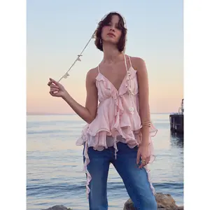 Cider Chiffon V-neck Ruffle Hem Layered Blouse