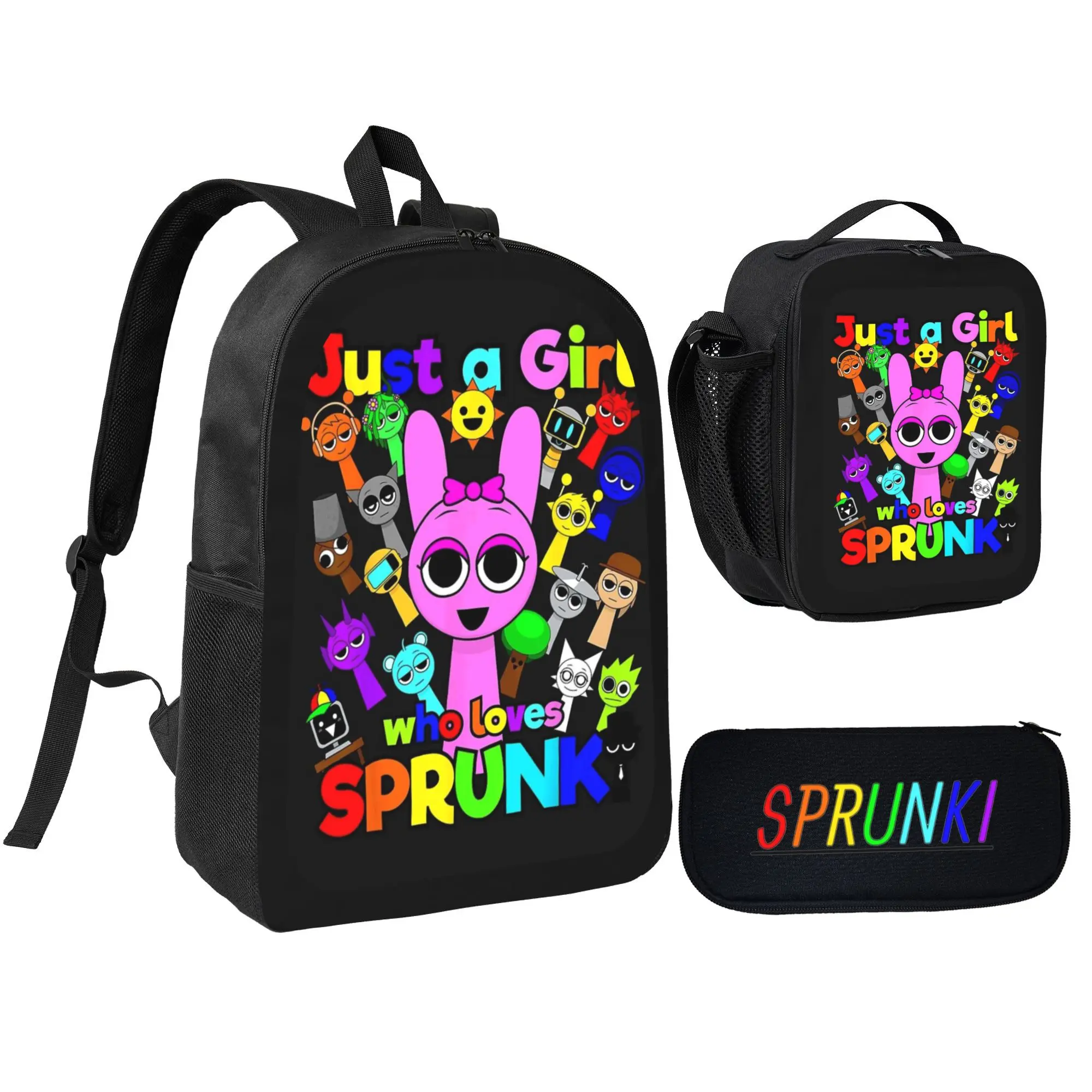 Sprunki Cartoon Character 3pcs Kids Backpack Set - Lightweight Polyester Bookbag, Matching Pencil Bag, Insulated Lunchbox for Teens