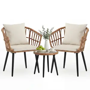 3 Pieces Outdoor Bistro Set, All-Weather PE Rattan Patio Furniture Set with Cushions, Steel Frame Table and Chairs for Balcony, Apartment, Porch