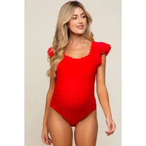 Red Scalloped Neck Ruffle Shoulder Maternity One-Piece Swimsuit