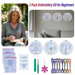 3 Pack Embroidery Kit for Beginners and Adults,Learn 33 Stitches with DIY Stamped Flower Patterns – Includes Hoop, Color Threads, Tools, and Step-by-Step Instructions