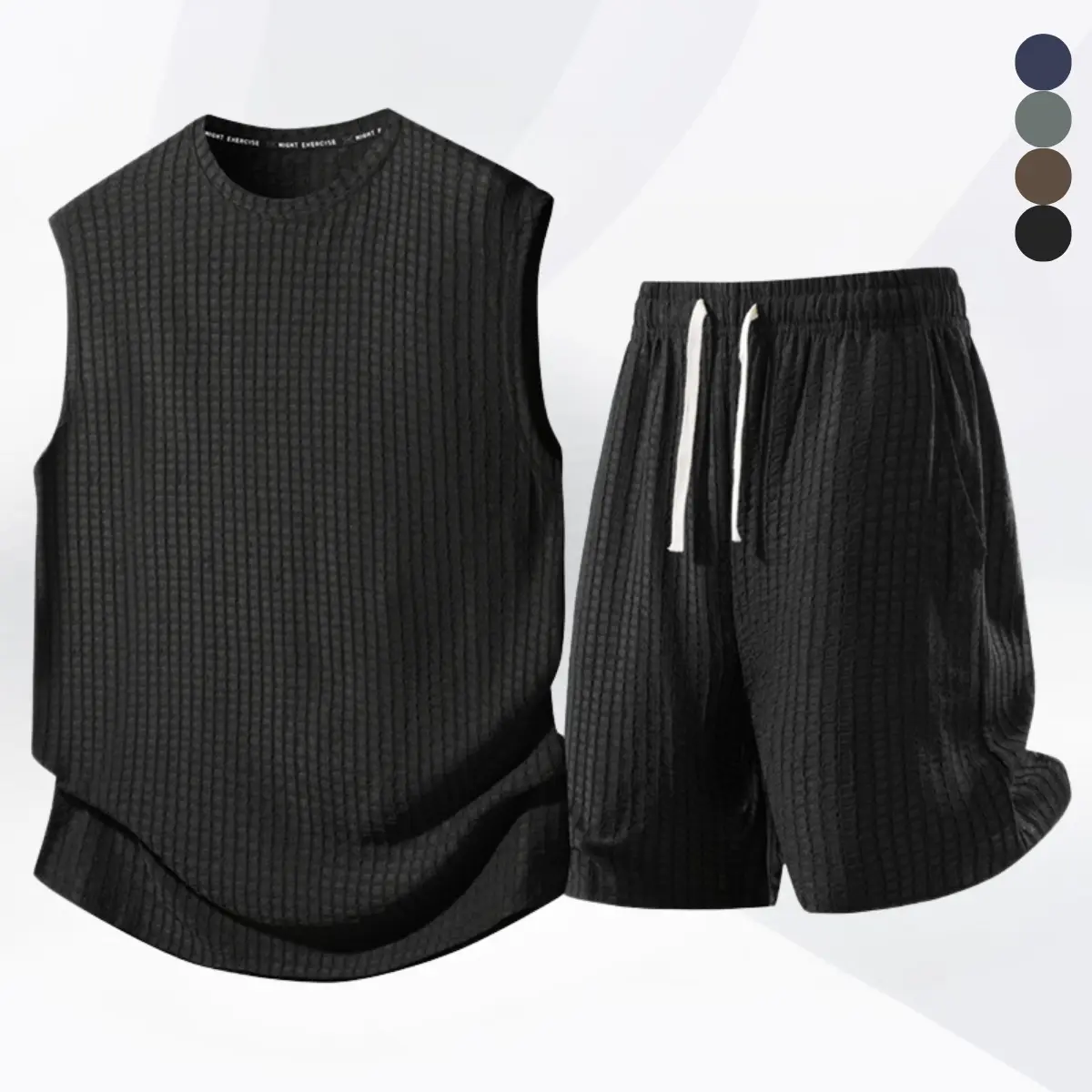 Men's Casual 2-Piece Menswear Set in a Stylish Textured Fabric, Sleeveless Top and Shorts with Adjustable Waist, Clothes, Elastane, Matching, Plain, Polyester Blend, Drawstring, Top + Shorts, Set Combo
