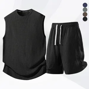 Men's 2-Piece Sleeveless Top and Shorts Matching Clothing Set, Menswear Plain Textured Fabric with Drawstring Waist for Casual Everyday Wear