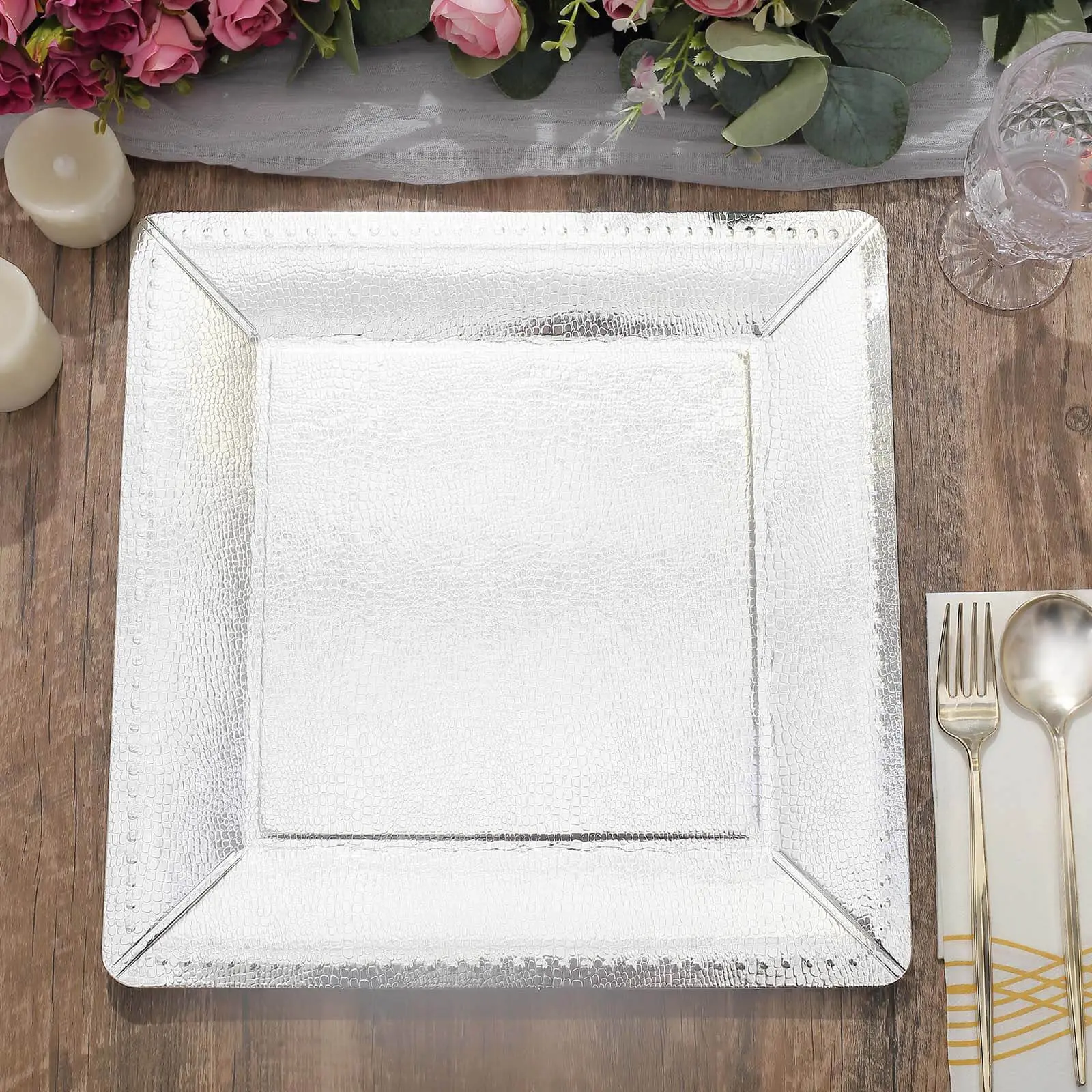 10-Pack Silver Disposable Square Charger Plates - Leather-Like Texture, 1100GSM Heavyweight Paper, 13 inches Wide Rims, Durable for Wedding, Baby Shower Home Supplies
