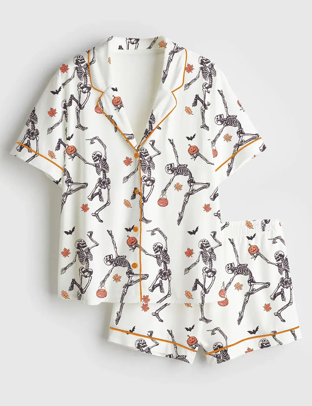 Dancing Skeleton Halloween Pumpkin Long and Short Sleeve Pajama Set, Sleepwear for Women, Pajama for Girls