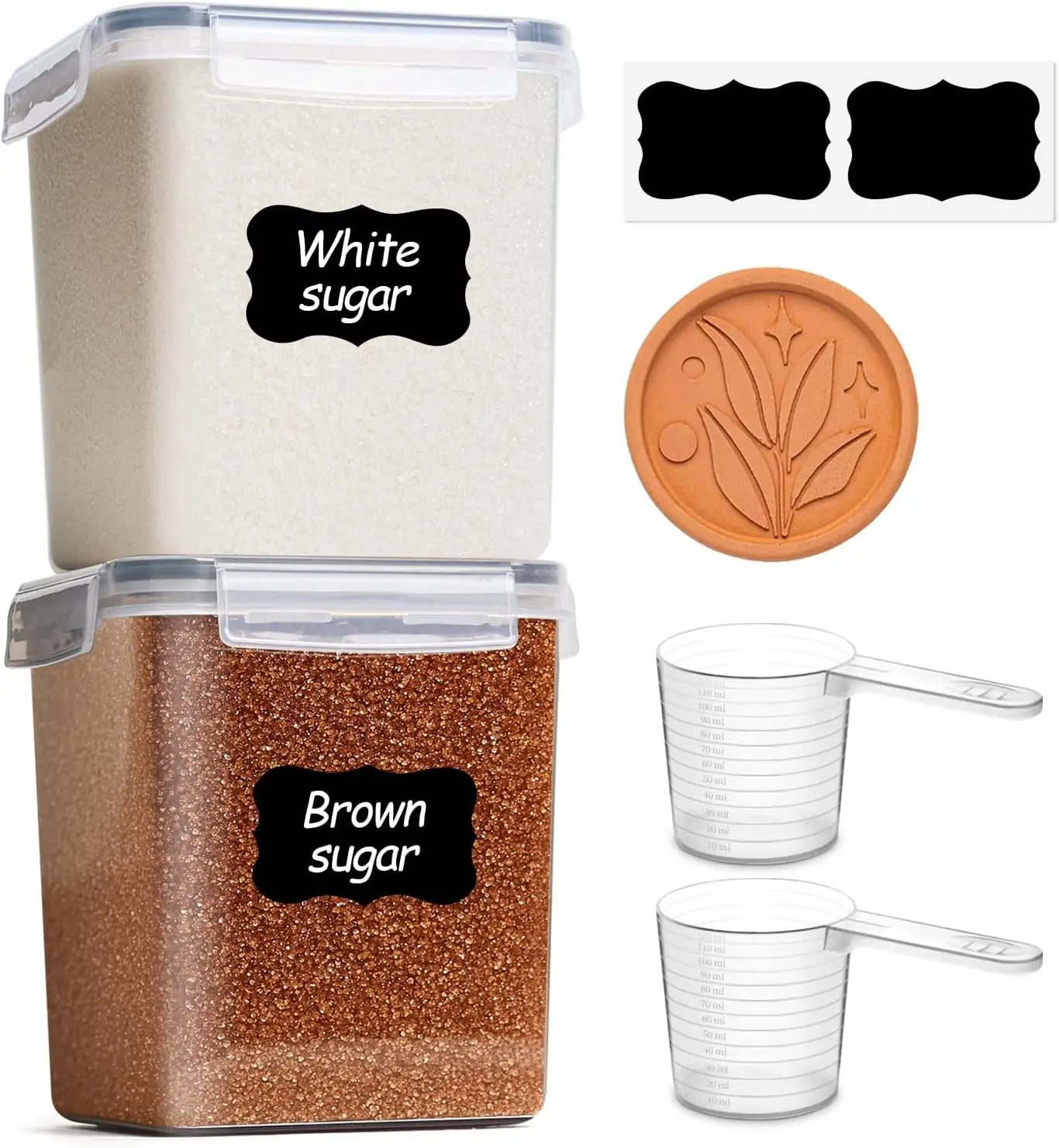 2-Piece Sealed Moisture-Proof Food Storage Jars (2.5L/2.6qt) with Clay Brown Sugar Freshness Tablets, Kitchen Preserving Containers for Brown/White Sugar, Flour, Pantry Organization