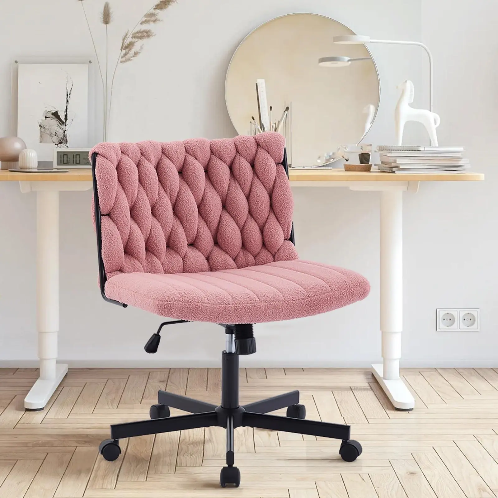 Pink Criss Cross Chair with Wheels, Wide Seat Home Office Desk Chair, Armless Makeup Vanity Chair, Modern Cross Legged Swivel Comfy Chair, Computer Task Chair for Home Office