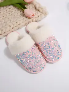Women's Fashion Sequined Slippers, Comfortable Warm Home Shoes, Plush Lining Bedroom Footwear, Indoor Outdoor Use, Rubber House Shoes