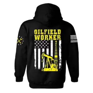 Oilfield Worker Hoodie – American Flag Pumpjack Rig Graphic Pullover Hoodie – Oil & Gas Workwear Gift for Men Dad Husband, Roughneck Driller Crew, Blue Collar Job Site Outfit