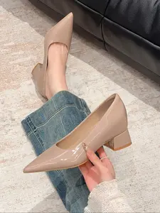 Elegant French Pointed Toe Mary Jane Shoes for Women, Slip On Pumps, New Low Cut Chunky Heel Casual Commuter Wedding Mid-Heel Elevator Shoes