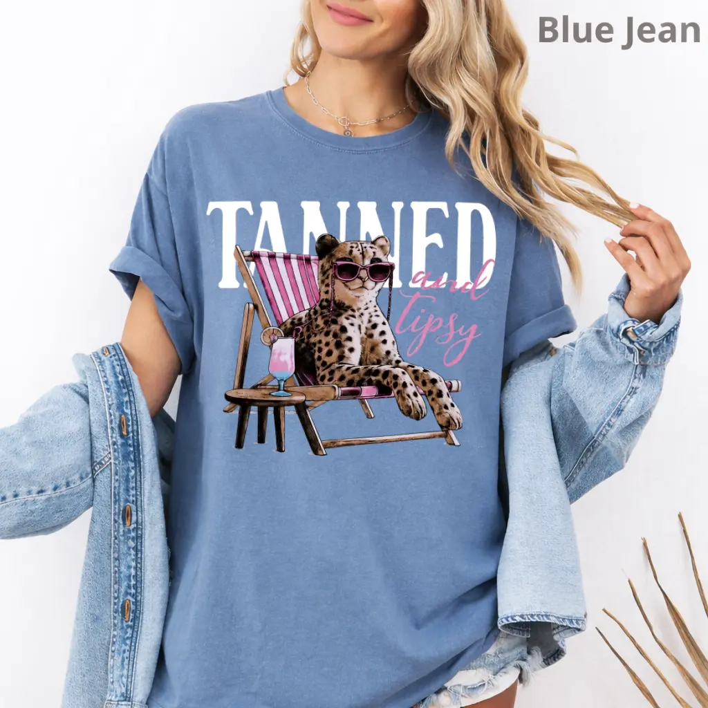 Comfort Colors Tanned and Tipsy T-Shirt, Beach Leopard Graphic Tee, Funny Summer Vacation Shirt, Tropical Pool Party Top, Coastal Girls Trip Apparel