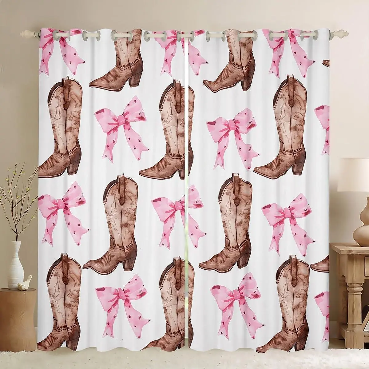 Cowboy Boots Blackout Curtains,Kawaii Bow Knot Insulated Curtains,Western Cowgirl Printed Lady Curtains & Drapes Living Room Bedroom,Pink Brown Cute Disco Window Curtains