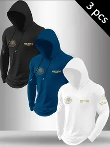 Men's 3-Piece Heavy Long Sleeve Hooded T-Shirt Set, Mexico Emblem Print, Casual Daily Wear, Sporty Style, Spring & Fall
