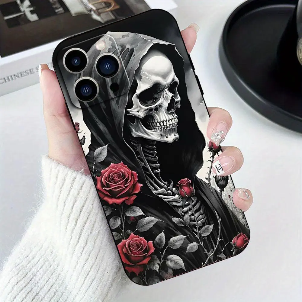 Soft Silicone Smartphone Case for iPhone 17,16 Pro Max,15 Plus,14,13,12,11,XR,XS,SE - Creative Love Rose Reaper Pattern, Anti-Scratch, Shockproof Handheld Casing, Valentine Gift for Women, Mobile Phone Accessories, Protection