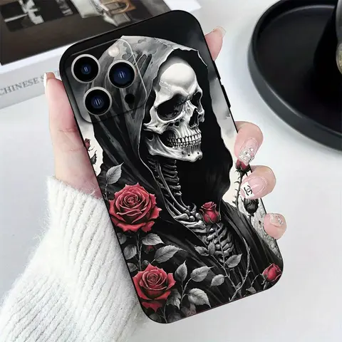 Soft Silicone Smartphone Case & Casing for iPhone Series (17,16 Pro Max,15 Plus,14,13,12,11,XR,XS,SE) - 1.2mm Multi-Model Cellphone Accessory, Custom Love Rose Reaper Art Pattern, Anti-Scratch Shockproof Protection, Valentine Gift for Women