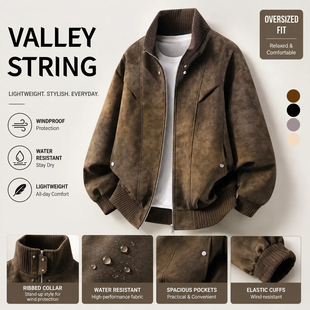 Men's distressed suede baseball jacket, men's outerwear, men's distressed suede casual zip-up jacket, ribbed stand collar + ribbed cuffs at the hem, zip front closure, side button pockets