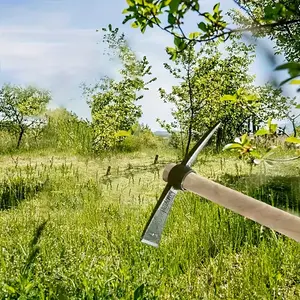 Upgraded version of wooden handled metal pickaxe, used for outdoor mountain climbing, stone excavation, weeding, and vegetable cultivation. The handle is detachable for easy storage and transportation hiking stick supply