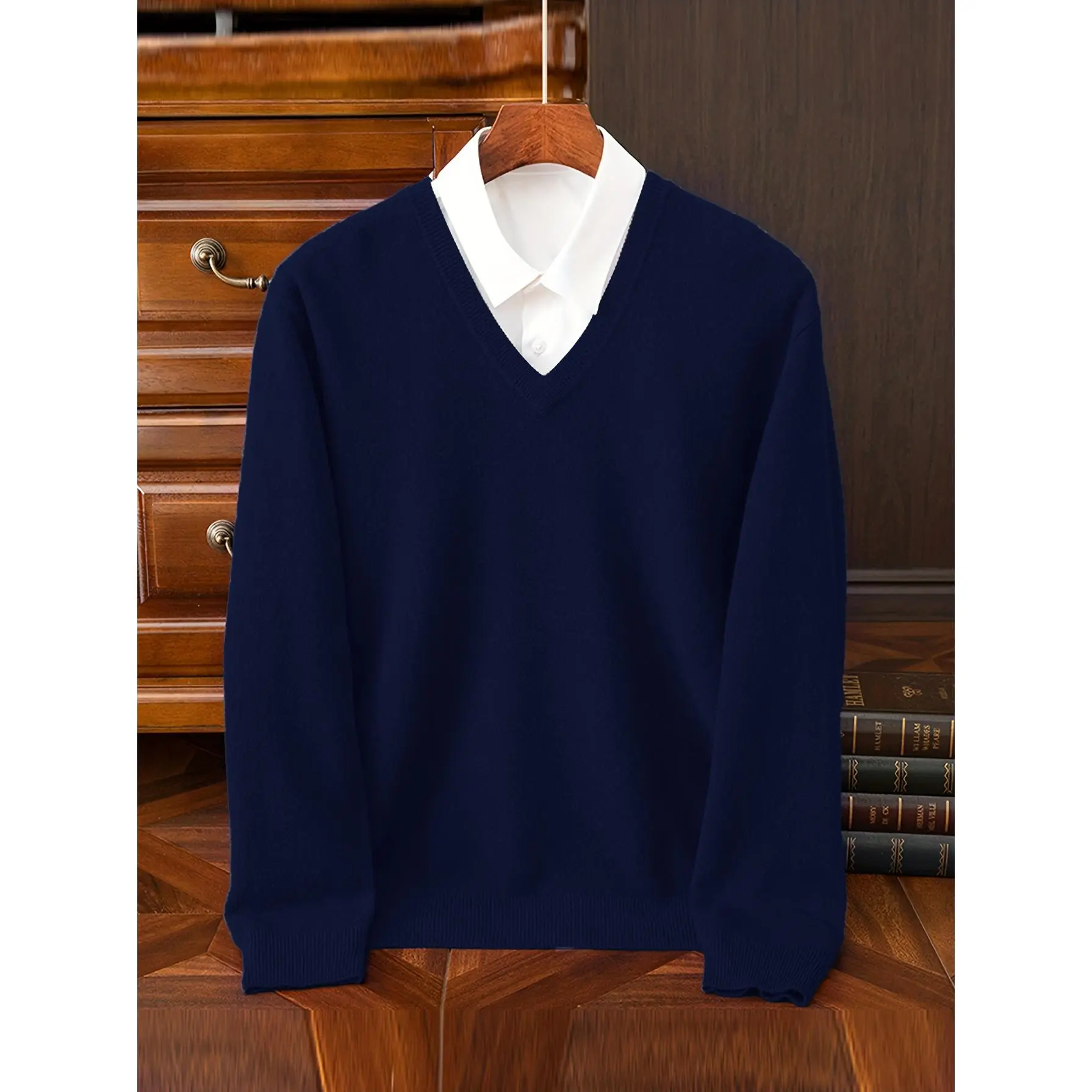 Men’s Solid V-Neck Long-Sleeve Regular-Fit Knitted Sweater, Stretch Fabric Menswear Pullover for Fall Winter Formal Outfits, Sizes S-XXL, Office