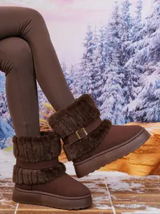 Women's Fashion Fluffy Snow Boots, Plush Lining with Buckle Design, Warm and Comfortable Thick Sole, Winter Versatile Stylish Footwear
