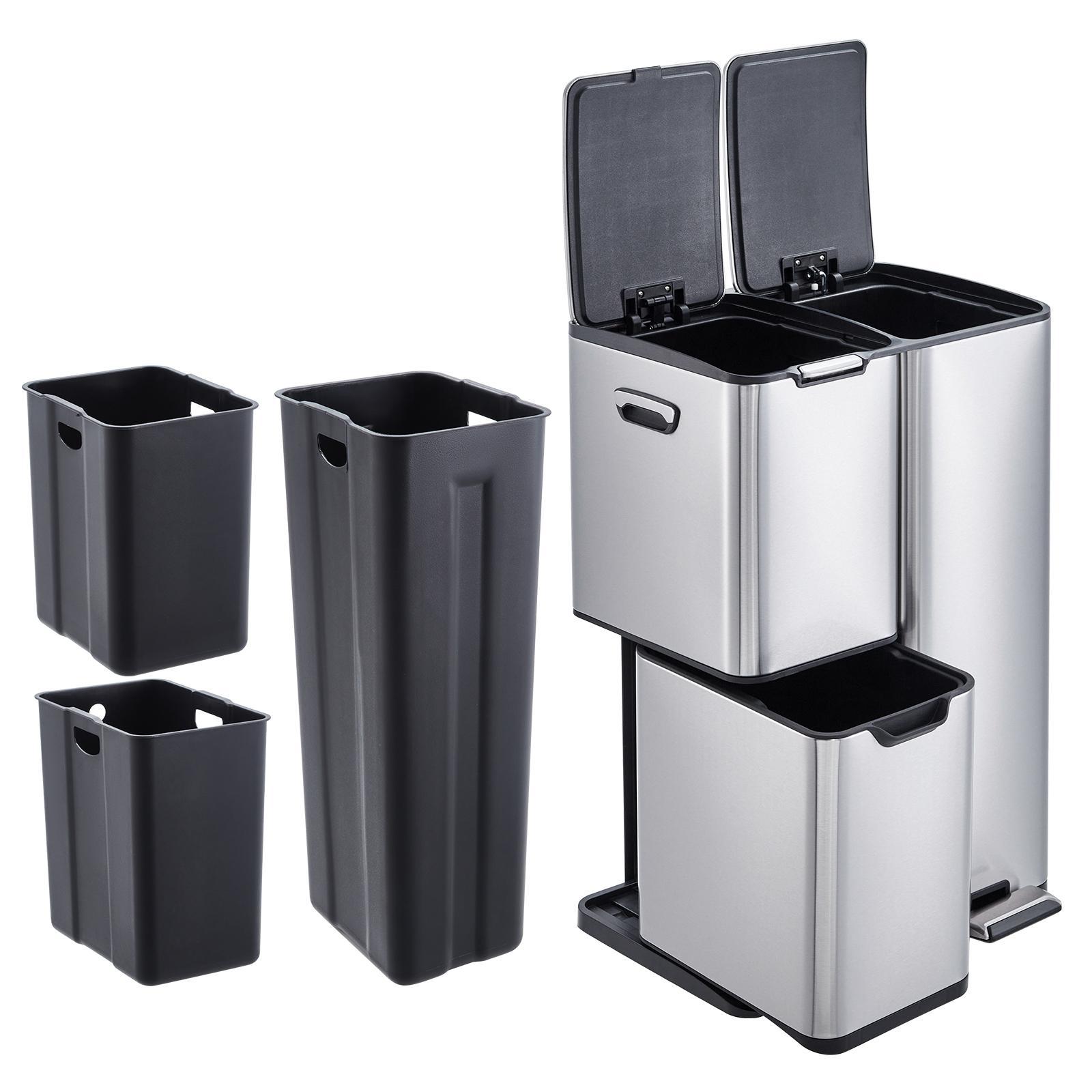 16-Gal Triple-Compartment Stainless Steel Recycling Trash Can with Hands-Free Foot Pedal, Lid, Removable Inner Plastic Buckets, Slide Feature, Large Waste Separator for Kitchen & Office