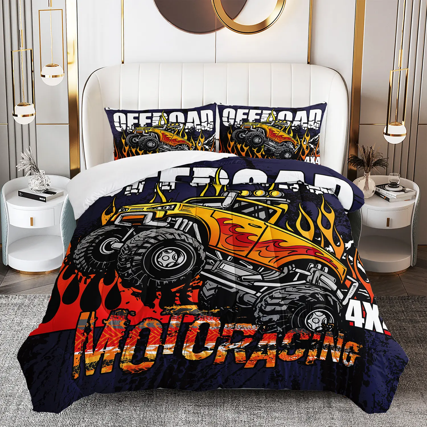 3pcs Microfibre Monster Truck Quilt Bedding Set - Queen Size Comforter, All-Seasons Warm, Breathable, Durable, Lightweight, Soft, Hand Wash Only, 2 Pillowcases for Girls' Bedrooms, Family Gift