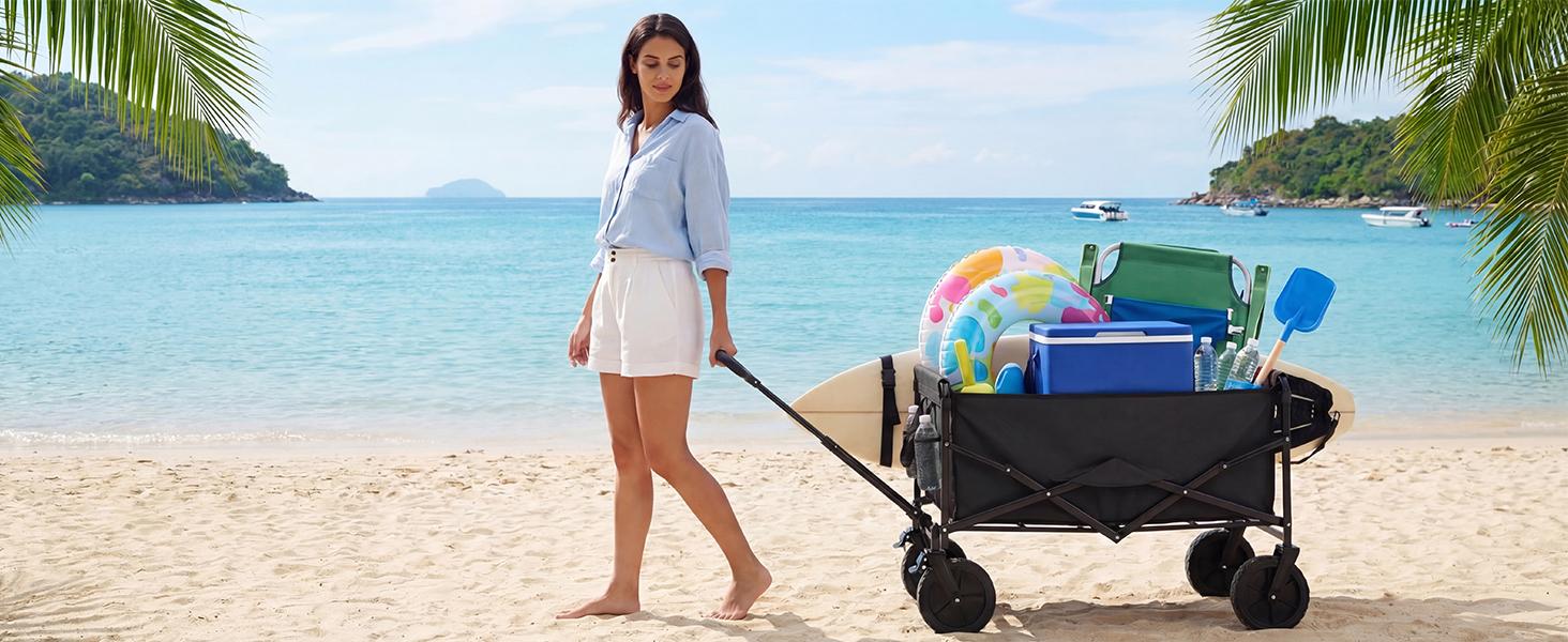 Sweetcrispy Collapsible Folding Wagon - Oxford Cloth Quick-Fold Utility Cart, 102L Large Capacity, 330 lbs Heavy-Duty Trolley with Wheels & Flexible Handle for Outdoor Camping, Grocery Shopping